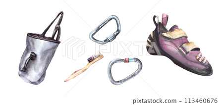 Bouldering, climbing magnesium bag, shoes, brush and safety climb carabiners . Watercolor extreme sport equipment. Hand painted illustration for card, booklet, banner print. Isolated white background 113460676