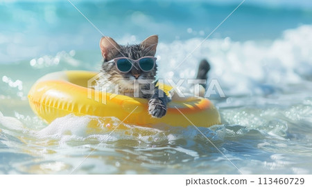 A cat in yellow sunglasses and with a swim ring around her waist enjoys a summer vacation 113460729
