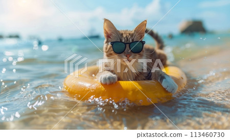 A cat in yellow sunglasses and with a swim ring around her waist enjoys a summer vacation 113460730