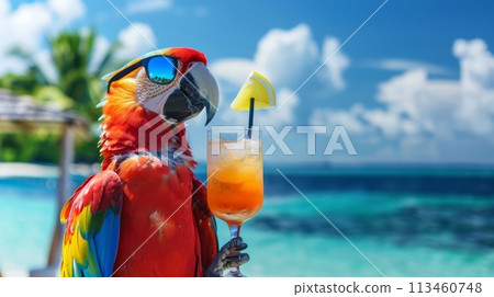 A vibrant parrot with a refreshing drink perched by a tropical resort pool, tropical vacation luxury and enjoyment. 113460748