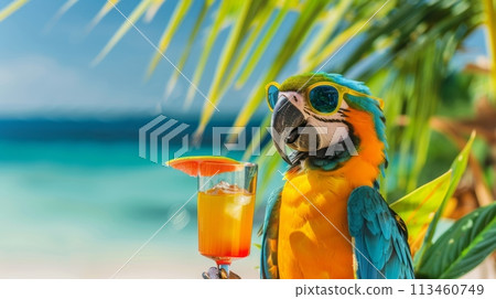 A vibrant parrot with a refreshing drink perched by a tropical resort pool, tropical vacation luxury and enjoyment. 113460749