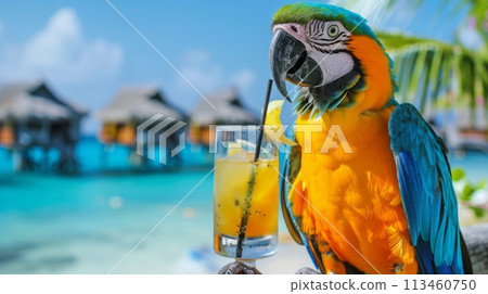 A vibrant parrot with a refreshing drink perched by a tropical resort pool, tropical vacation luxury and enjoyment. 113460750