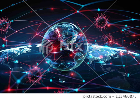 World map and virus on a dark background. Global pandemic concept 113460873