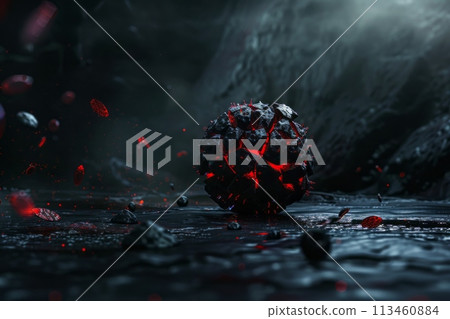 a single Disease X virion floating in a dark void, its surface a complex pattern of red and black, symbolizing danger and the unknown 113460884