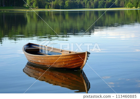 a small, wooden rowboat floating on a calm lake 113460885