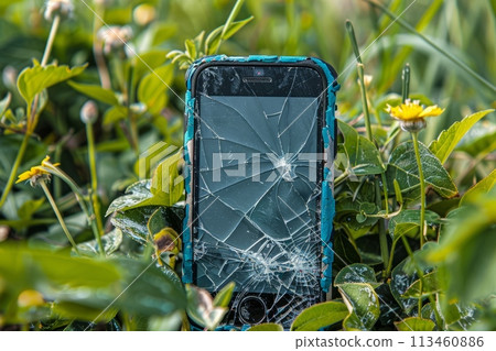 Smartphone with broken screen on green grass background. Close-up. Smartphone with broken screen on green grass background. Close-up. 113460886