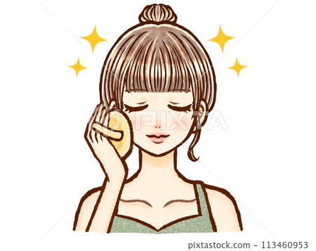 一個髮髻的成年女性用粉撲化妝的插圖素材2 113460953