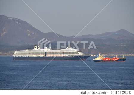 A photo of the cruise ship Westerdam sailing through Hakodate Bay in spring in Hakodate, Hokkaido. A photo of the cruise ship Westerdam sailing through Hakodate Bay in spring in Hakodate, Hokkaido. 113460998