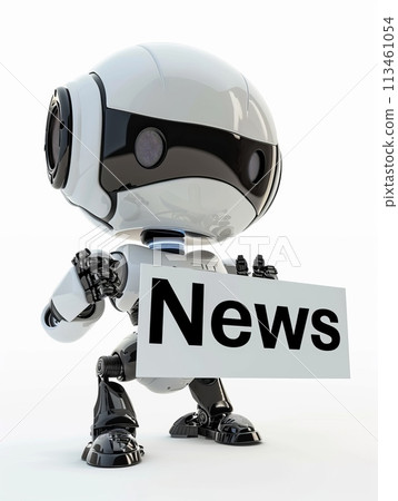 a small chat robot holding a white sign that reads "News" set against a white isolated background 113461054