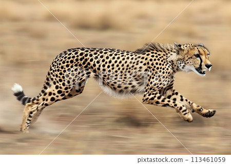 A cheetah in mid-sprint, its body a perfect fusion of power and agility, against the backdrop of the African savannah A cheetah in mid-sprint, its body a perfect fusion of power and agility, against the backdrop of the African savannah 113461059