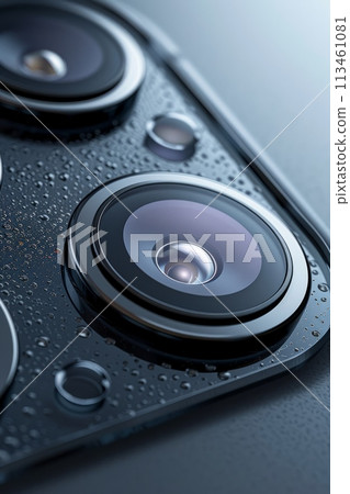 A close-up on a smartphone's camera array, set against a deep navy background 113461081
