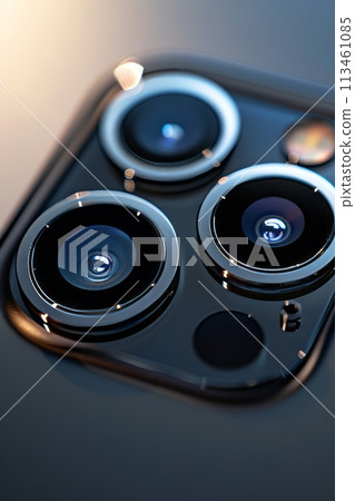 A close-up on a smartphone's camera array, set against a deep navy background 113461085