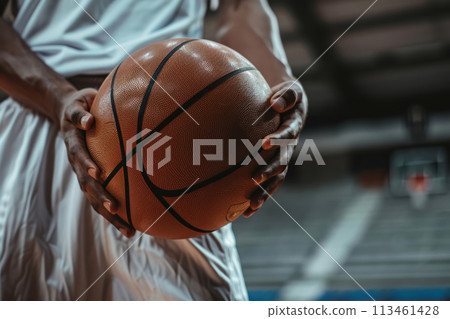 Basketball player holds basketball ball on a court. Generative AI 113461428