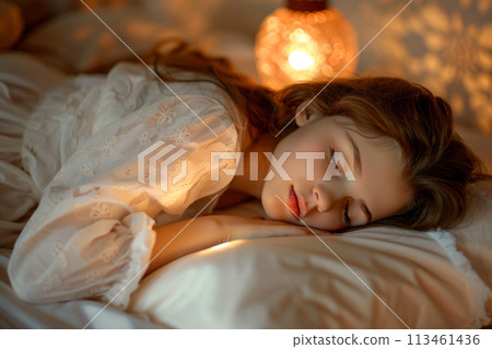 Cute girl lying on side on bed and sleeping on white pillow. Generative AI 113461436