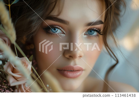 Beautiful and fashion bride with hairstyle and bright makeup. Generative AI 113461438