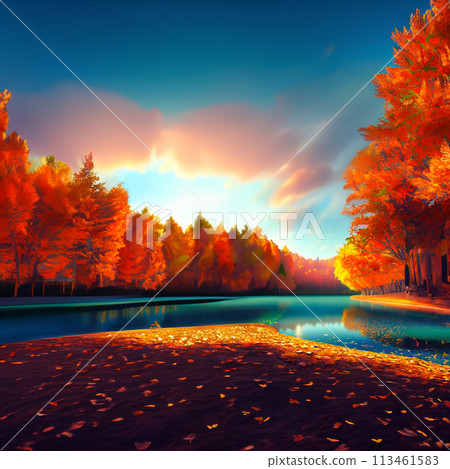 Illustration of a forest and lake with autumn leaves 113461583