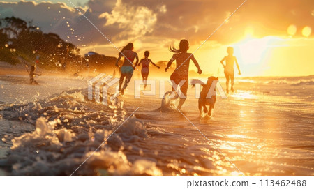 Group of Children and Dog Running on Beach 113462488