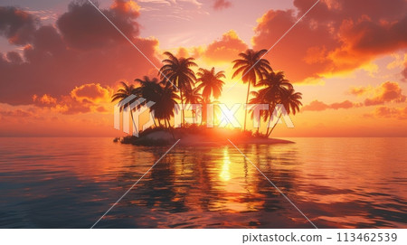 Small Island With Palm Trees in the Middle of the Ocean Small Island With Palm Trees in the Middle of the Ocean 113462539