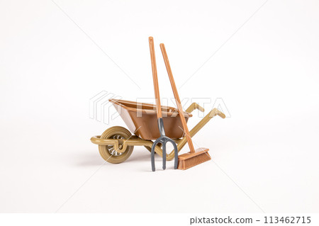 Lawn mower and garden tools on a white background 113462715