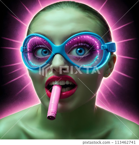 Neon Gaze, Whimsical Retro-Futurism Through Pink-Tinted Lenses and a Smoke. Neon Gaze, Whimsical Retro-Futurism Through Pink-Tinted Lenses and a Smoke. 113462741
