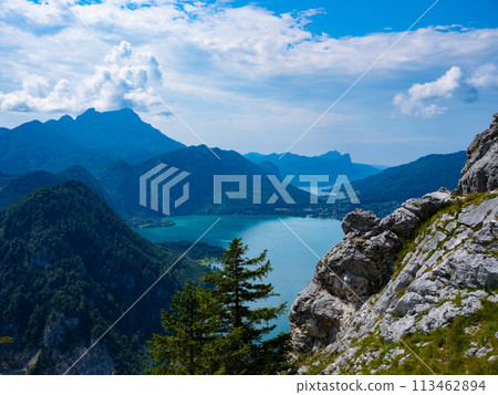 View of Attersee lake from Klettersteig mountain, Austria. Attersee Lake from alp mountain Klettersteig. Salzburgerland, Austria. 113462894