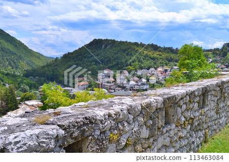 Old castle in Travnik. Panoramic view over Travnik in Bosnia and Herzegovina during summer. Top destination Old castle in Travnik. Panoramic view over Travnik in Bosnia and Herzegovina during summer. Top destination 113463084
