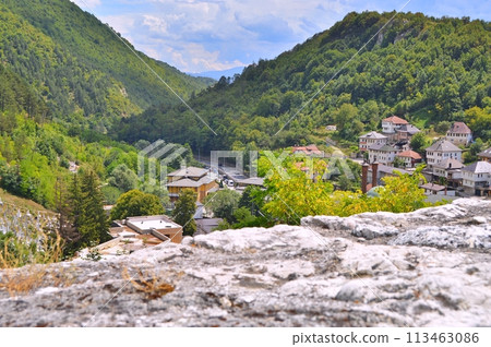 Old castle in Travnik. Panoramic view over Travnik in Bosnia and Herzegovina during summer. Top destination Old castle in Travnik. Panoramic view over Travnik in Bosnia and Herzegovina during summer. Top destination 113463086