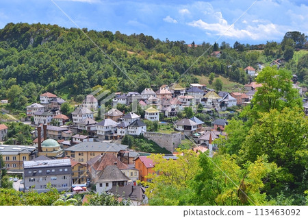 Old castle in Travnik. Panoramic view over Travnik in Bosnia and Herzegovina during summer. Top destination Old castle in Travnik. Panoramic view over Travnik in Bosnia and Herzegovina during summer. Top destination 113463092