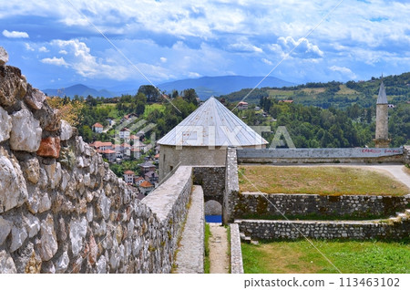 Old castle in Travnik. Panoramic view over Travnik in Bosnia and Herzegovina during summer. Top destination Old castle in Travnik. Panoramic view over Travnik in Bosnia and Herzegovina during summer. Top destination 113463102