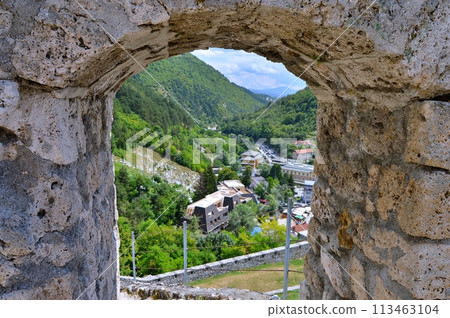 Old castle in Travnik. Panoramic view over Travnik in Bosnia and Herzegovina during summer. Top destination Old castle in Travnik. Panoramic view over Travnik in Bosnia and Herzegovina during summer. Top destination 113463104