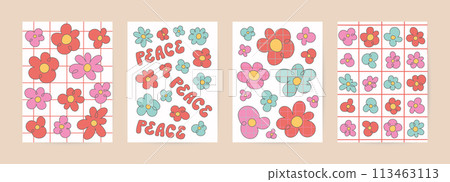 Groovy cartoon card template set. Retro poster with psychedelic flowers pattern about peace. Groovy cartoon card template set. Retro poster with psychedelic flowers pattern about peace. 113463113