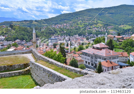 Old castle in Travnik. Panoramic view over Travnik in Bosnia and Herzegovina during summer. Top destination Old castle in Travnik. Panoramic view over Travnik in Bosnia and Herzegovina during summer. Top destination 113463120