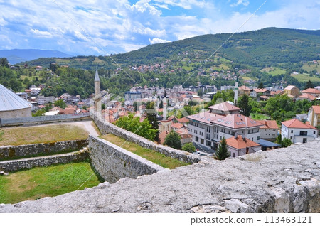 Old castle in Travnik. Panoramic view over Travnik in Bosnia and Herzegovina during summer. Top destination Old castle in Travnik. Panoramic view over Travnik in Bosnia and Herzegovina during summer. Top destination 113463121