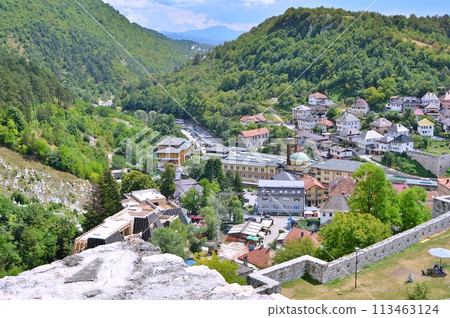 Old castle in Travnik. Panoramic view over Travnik in Bosnia and Herzegovina during summer. Top destination Old castle in Travnik. Panoramic view over Travnik in Bosnia and Herzegovina during summer. Top destination 113463124