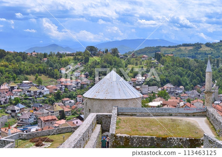 Old castle in Travnik. Panoramic view over Travnik in Bosnia and Herzegovina during summer. Top destination Old castle in Travnik. Panoramic view over Travnik in Bosnia and Herzegovina during summer. Top destination 113463125