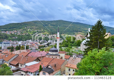 Old castle in Travnik. Panoramic view over Travnik in Bosnia and Herzegovina during summer. Top destination Old castle in Travnik. Panoramic view over Travnik in Bosnia and Herzegovina during summer. Top destination 113463128
