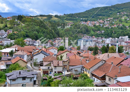 Old castle in Travnik. Panoramic view over Travnik in Bosnia and Herzegovina during summer. Top destination Old castle in Travnik. Panoramic view over Travnik in Bosnia and Herzegovina during summer. Top destination 113463129