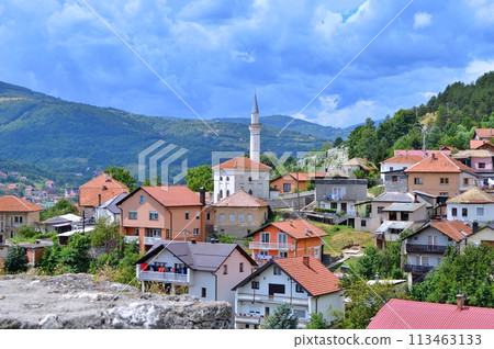 Old castle in Travnik. Panoramic view over Travnik in Bosnia and Herzegovina during summer. Top destination Old castle in Travnik. Panoramic view over Travnik in Bosnia and Herzegovina during summer. Top destination 113463133