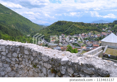 Old castle in Travnik. Panoramic view over Travnik in Bosnia and Herzegovina during summer. Top destination Old castle in Travnik. Panoramic view over Travnik in Bosnia and Herzegovina during summer. Top destination 113463137