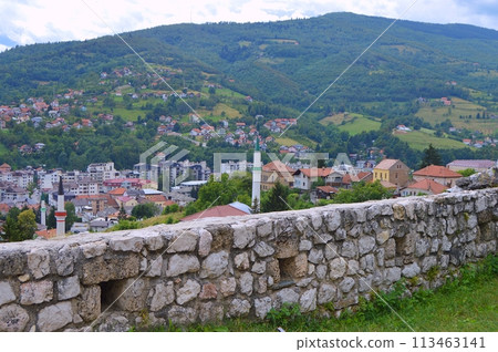 Old castle in Travnik. Panoramic view over Travnik in Bosnia and Herzegovina during summer. Top destination Old castle in Travnik. Panoramic view over Travnik in Bosnia and Herzegovina during summer. Top destination 113463141