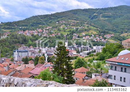 Old castle in Travnik. Panoramic view over Travnik in Bosnia and Herzegovina during summer. Top destination Old castle in Travnik. Panoramic view over Travnik in Bosnia and Herzegovina during summer. Top destination 113463162