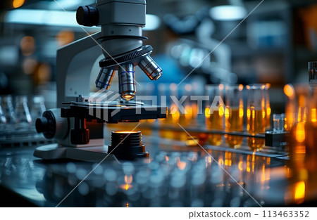 a microscope is sitting on top of a table in a laboratory 113463352