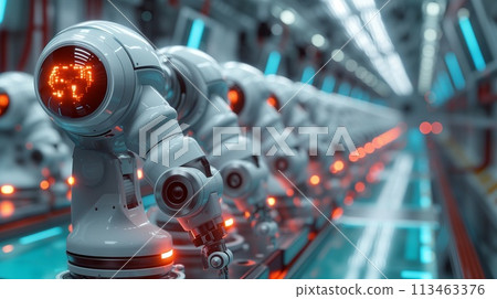 Robotic arms in a factory, used in automotive lighting assembly line 113463376