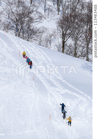 Climbers climbing the snowy mountain of Tanigawadake Tenjindai in winter 113463488