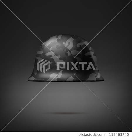 Vector 3d Realistic Black Military Soldier Protective Helmet Closeup Isolated. Helmet, Army Symbol of Defense and Protection. Soldier Helmet Design Template for Military, Defense and Safety Concept 113463740