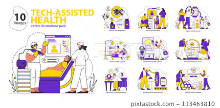 Tech-Assisted Health set. Illustrations showcasing AI diagnostics, EHR, and remote access in healthcare. Modern medical services and patient care technology. Vector illustration. 113463810