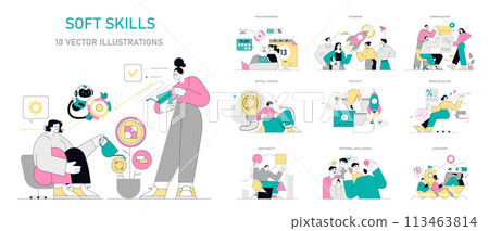 Soft Skills set. Proficiency in communication, teamwork, and creativity. Developing time management, leadership, and problem-solving skills. Vector illustration. 113463814
