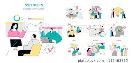 Soft Skills set. Illustrations demonstrating interpersonal abilities like stress management and innovation. Teamwork, emotional intelligence, and adaptability visualized. Vector illustration. 113463815