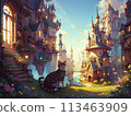 A cat standing in a fantasy town 113463909
