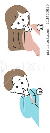 圖:一男一女擺出秘密姿勢,目光從側面移開 圖:一男一女擺出秘密姿勢,目光從側面移開 113463939